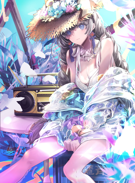 Anime picture 2546x3455 with original hirose (10011) single long hair tall image blush highres breasts blue eyes sitting bare shoulders signed looking away cleavage braid (braids) grey hair off shoulder open jacket twitter username twin braids