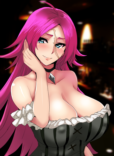 Anime picture 956x1300 with fate (series) fate/extra francis drake (fate) koujun (mugenzero) single long hair tall image looking at viewer blush breasts blue eyes light erotic smile bare shoulders pink hair upper body ahoge arm up blurry off shoulder