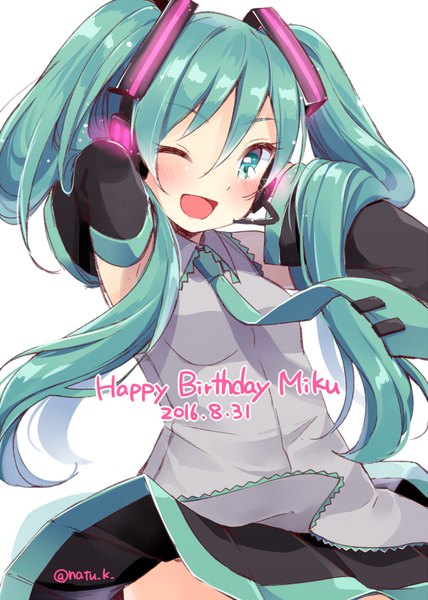 Anime picture 714x1000 with vocaloid hatsune miku hazuki natsu single long hair tall image blush fringe open mouth simple background hair between eyes white background twintails signed one eye closed aqua eyes wink aqua hair dated happy birthday