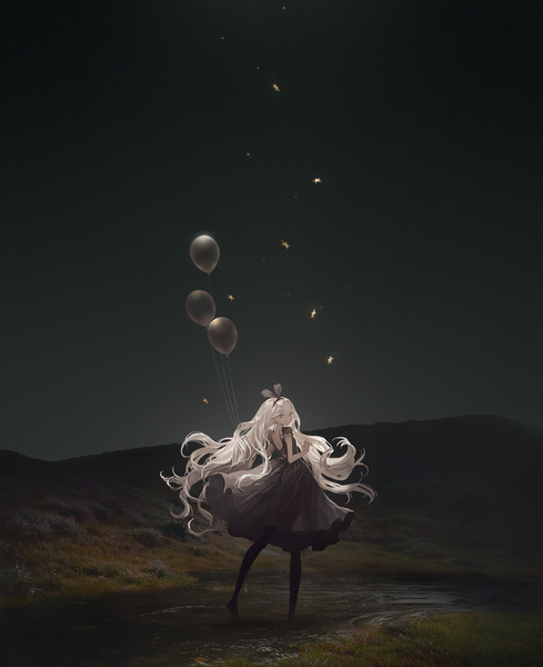 Anime picture 977x1200 with original megusuri single long hair tall image looking at viewer standing sky full body white hair looking back night grey eyes sleeveless floating hair river girl dress bow plant (plants)