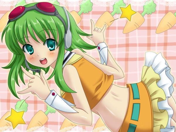 Anime picture 1024x768 with vocaloid gumi ayase single looking at viewer blush short hair open mouth aqua eyes green hair midriff goggles on head mmm girl star (symbol) wrist cuffs goggles vegetables headset carrot