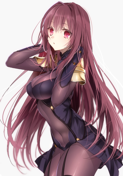 Anime picture 836x1200 with fate (series) fate/grand order scathach (fate) (all) scathach (fate) sino (sionori) single long hair tall image looking at viewer fringe breasts light erotic simple background hair between eyes red eyes large breasts cleavage purple hair arms up :o