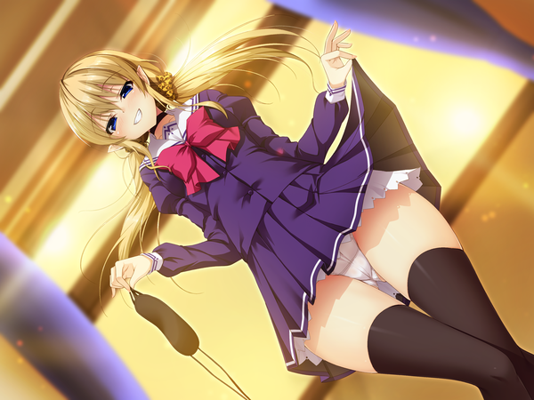 Anime picture 3200x2400 with original yu-ta single long hair looking at viewer blush fringe highres blue eyes light erotic blonde hair smile hair between eyes twintails absurdres bent knee (knees) indoors pleated skirt pointy ears official art