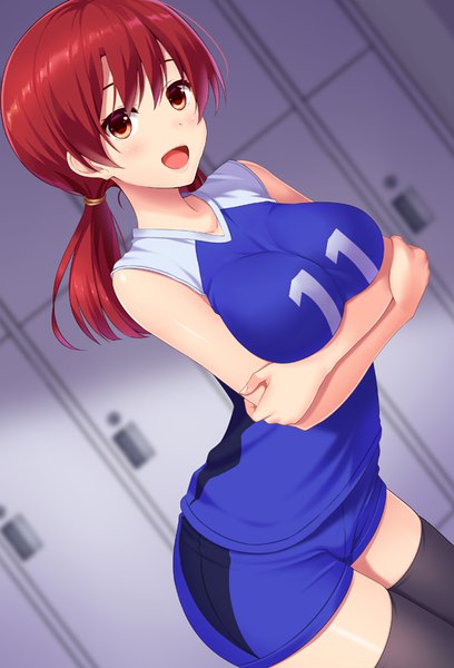 Anime picture 560x823 with original huyumitsu single long hair tall image blush fringe breasts open mouth light erotic smile hair between eyes twintails brown eyes looking away red hair low twintails breast hold locker room girl