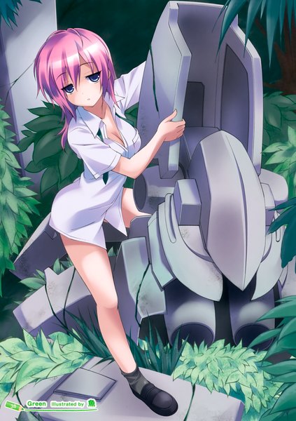 Anime picture 2467x3500 with original sakana long hair tall image looking at viewer highres blue eyes pink hair girl plant (plants) shirt shoes mecha