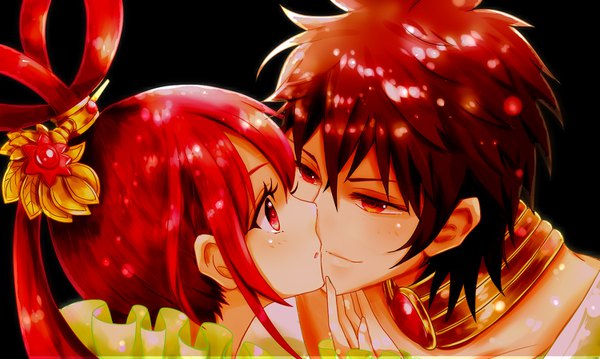 Anime picture 1500x898 with magi the labyrinth of magic a-1 pictures judal ren kougyoku yuiyuimoe long hair blush fringe short hair simple background hair between eyes red eyes wide image red hair parted lips light smile :o couple black background close-up