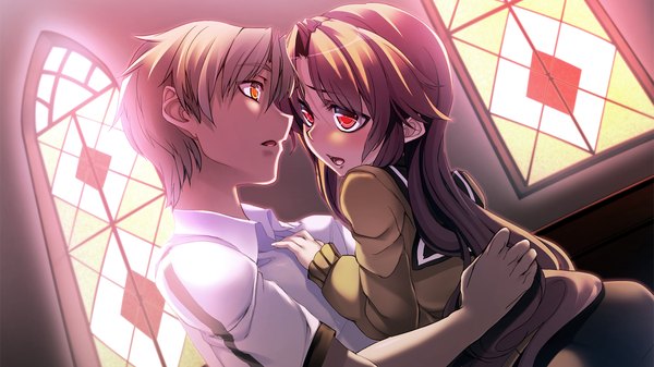 Anime picture 1280x720 with taisetsu na kimi no tame ni, boku ni dekiru ichiban no koto long hair short hair red eyes brown hair wide image game cg purple hair couple girl boy serafuku