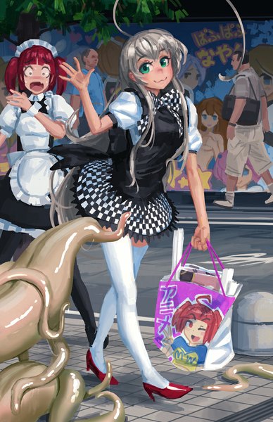 Anime picture 700x1082 with haiyore! nyaruko-san nyaruko drawfag (doyora) long hair tall image looking at viewer blush green eyes ahoge grey hair teeth maid fang (fangs) high heels zettai ryouiki lolita fashion :3 surprised checkered skirt girl