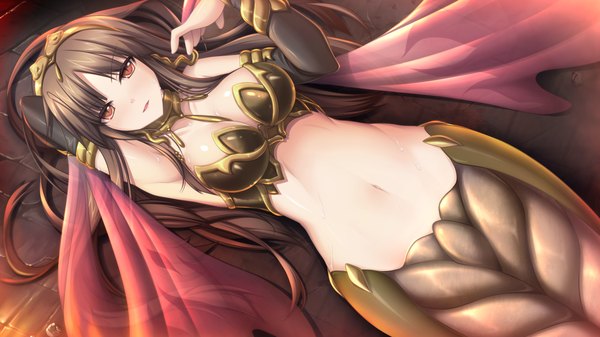 Anime picture 1280x720 with tenbin no la dea eushully single long hair breasts light erotic black hair red eyes wide image game cg lamia girl navel hair ornament