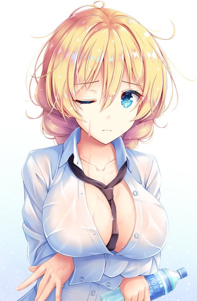 Anime picture 1000x1530 with girls und panzer darjeeling (girls und panzer) akashio (loli ace) single tall image looking at viewer blush fringe short hair breasts blue eyes light erotic simple background blonde hair hair between eyes large breasts holding cleavage upper body braid (braids)