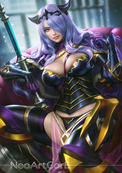 Anime picture 800x1132 with fire emblem fire emblem fates nintendo camilla (fire emblem) nudtawut thongmai single long hair tall image fringe breasts light erotic smile large breasts sitting signed purple hair pink eyes horn (horns) lips hair over one eye