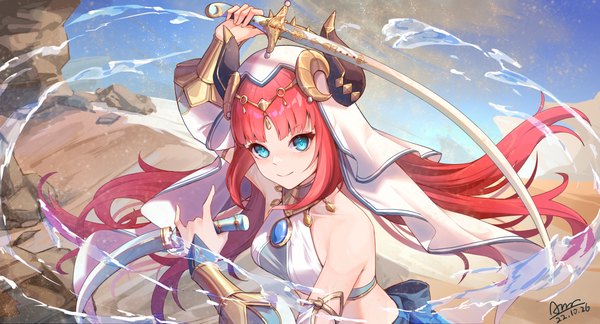 Anime picture 6062x3274 with genshin impact nilou (genshin impact) chiyo akira single long hair fringe highres blue eyes smile wide image holding absurdres red hair blunt bangs horn (horns) from above dated fighting stance dual wielding girl