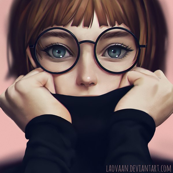 Anime picture 900x902 with original laovaan single tall image looking at viewer fringe short hair blue eyes simple background brown hair signed blunt bangs long sleeves realistic watermark pink background covered mouth revision makeup girl