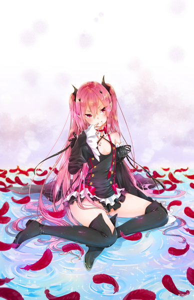 Anime picture 1600x2473 with owari no seraph wit studio kururu tepes bomhat single tall image blush fringe smile red eyes sitting twintails looking away pink hair cleavage bent knee (knees) very long hair long sleeves head tilt pleated skirt