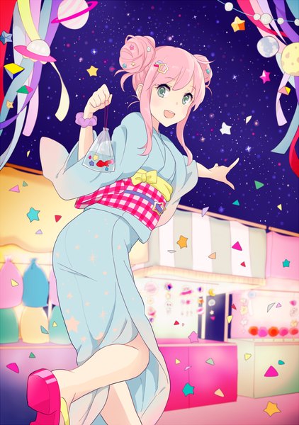 Anime picture 1056x1500 with original kise (swimmt) single long hair tall image looking at viewer open mouth green eyes pink hair sky traditional clothes japanese clothes pointing star print festival girl hair ornament ribbon (ribbons) animal star (symbol)