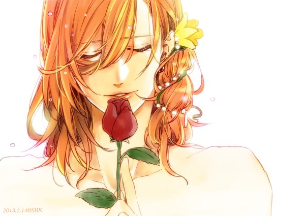 Anime picture 1200x850 with uta no prince-sama a-1 pictures jinguji ren srk555 single long hair simple background bare shoulders holding eyes closed hair flower light smile orange hair boy hair ornament flower (flowers) rose (roses) beads
