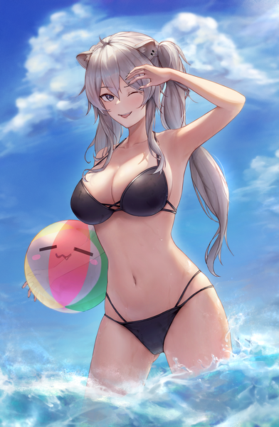 Anime picture 1337x2047 with virtual youtuber hololive shishiro botan nathon single long hair tall image looking at viewer blush fringe breasts open mouth light erotic smile hair between eyes large breasts standing twintails holding animal ears