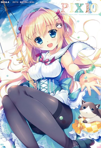 Anime picture 2332x3406 with mikeou single long hair tall image looking at viewer blush highres open mouth blue eyes light erotic blonde hair scan girl dress animal pantyhose black pantyhose umbrella cat beret