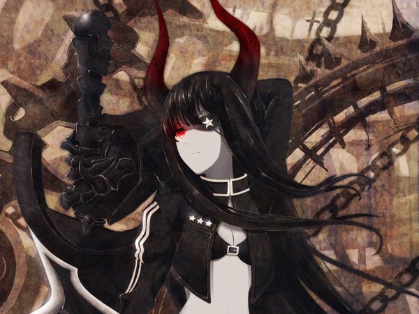 Anime picture 1280x960 with black rock shooter black gold saw single long hair black hair red eyes looking away horn (horns) open clothes open jacket girl weapon sword chain eyepatch bikini top huge weapon huge sword
