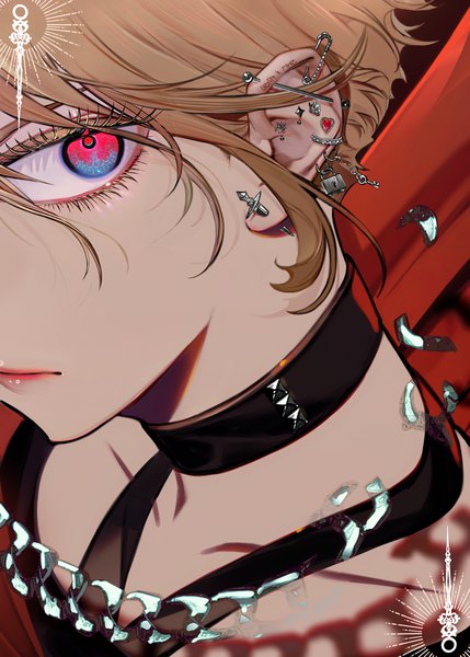 Anime picture 1353x1893 with original nanase miri single tall image short hair blonde hair piercing ear piercing close-up face multicolored eyes girl choker