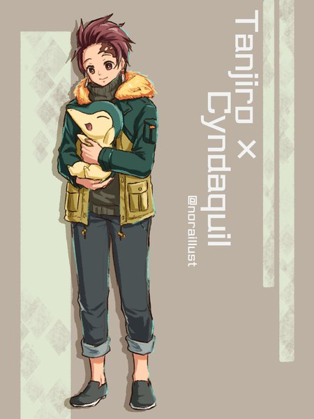 Anime picture 1668x2224 with pokemon kimetsu no yaiba pokemon heartgold and soulsilver nintendo ufotable kamado tanjirou cyndaquil noraillust tall image short hair brown hair holding brown eyes signed full body light smile open jacket alternate costume character names twitter username