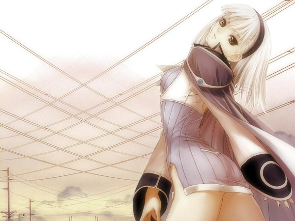 Anime picture 1280x960 with shining (series) shining tears blanc neige single short hair smile red eyes sky white hair looking back light smile from behind girl hairband cloak wire (wires)
