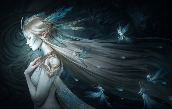 Anime picture 1920x1213 with original marie magny (skyzocat) long hair highres light erotic blonde hair upper body eyes closed profile nude pointy ears hand on chest dark background solo focus pale skin fantasy head wings insect wings fairy girl