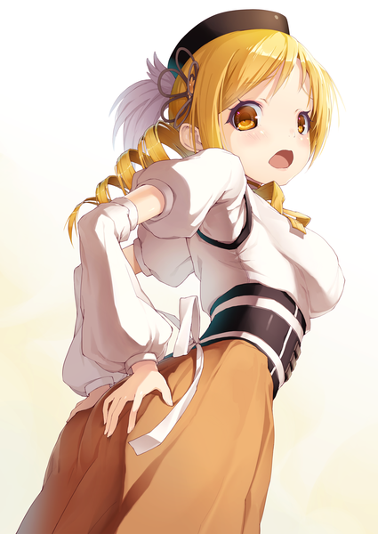 Anime picture 1630x2302 with mahou shoujo madoka magica shaft (studio) tomoe mami armais (me-chan337) single long hair tall image looking at viewer open mouth light erotic blonde hair white background yellow eyes drill hair girl dress detached sleeves beret