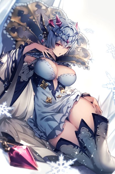 Anime picture 1400x2115 with granblue fantasy macula marius kyouya (mukuro238) single tall image fringe short hair breasts open mouth light erotic hair between eyes red eyes large breasts aqua hair wide sleeves sparkle thighs reclining girl dress