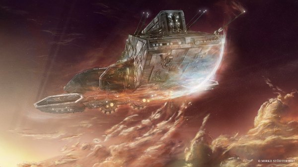 Anime picture 1024x576 with mirko stodter wide image sky cloud (clouds) wallpaper evening sunset science fiction weapon aircraft airship stargate