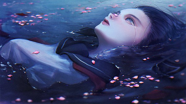 Anime picture 1866x1047 with original rize single long hair highres blue eyes black hair wide image outdoors lips lipstick tears partially submerged looking up red lipstick crying girl uniform petals water