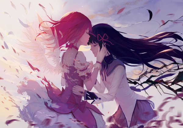 Anime picture 1015x713 with mahou shoujo madoka magica shaft (studio) akemi homura kaname madoka tagme (artist) long hair black hair purple eyes multiple girls pink hair sky cloud (clouds) red hair wind sunlight black wings white wings clenched teeth almost kiss hands on face