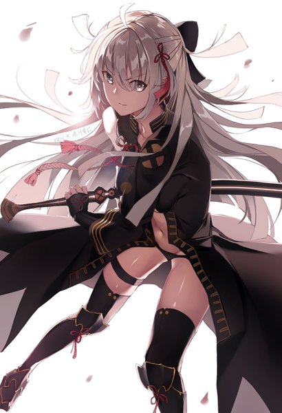 Anime picture 1753x2561 with fate (series) fate/grand order koha-ace okita souji (fate) (all) okita souji alter (fate) niii (memstapak) single long hair tall image looking at viewer fringe highres light erotic simple background hair between eyes standing white background signed silver hair ahoge