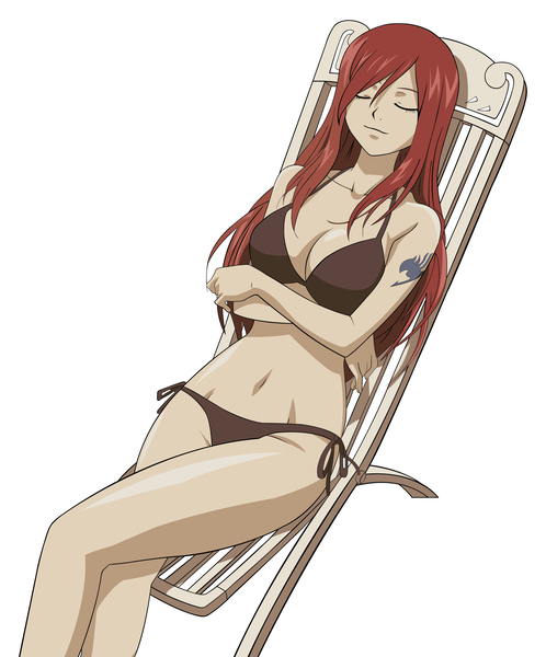 Anime picture 3656x4400 with fairy tail erza scarlet zagtul single long hair tall image highres light erotic white background absurdres red hair eyes closed light smile tattoo crossed arms girl navel swimsuit bikini