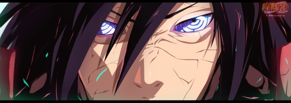 Anime picture 2000x707 with naruto studio pierrot naruto (series) uchiha madara i-azu single long hair highres black hair wide image purple eyes inscription coloring letterboxed close-up face rinnegan boy armor