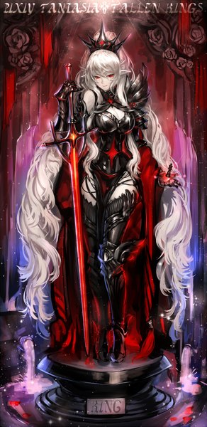 Anime picture 869x1785 with original pixiv fantasia pixiv fantasia fallen kings ryuuzaki ichi single tall image looking at viewer red eyes silver hair ponytail very long hair pointy ears inscription pale skin girl dress gloves weapon sword armor