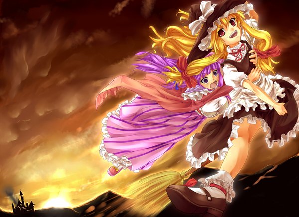 Anime picture 2000x1453 with touhou kirisame marisa patchouli knowledge kinntarou long hair highres blonde hair red eyes purple eyes multiple girls purple hair girl dress 2 girls witch hat