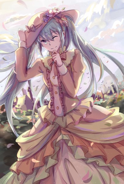 Anime picture 1181x1748 with vocaloid hatsune miku elec single long hair tall image looking at viewer fringe breasts smile standing twintails holding sky cloud (clouds) outdoors one eye closed aqua eyes wind wink