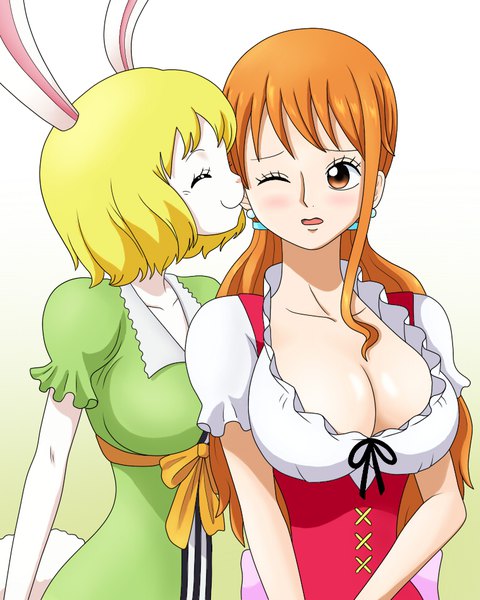 Anime picture 762x952 with one piece toei animation nami (one piece) carrot (one piece) himumu (cyah7528) long hair tall image blush fringe short hair breasts open mouth light erotic simple background blonde hair smile large breasts standing twintails multiple girls