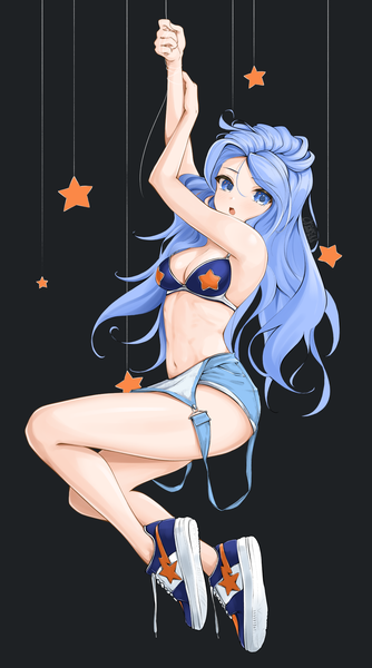 Anime picture 1112x2000 with original minah (chaesu) chaesu single long hair tall image looking at viewer breasts blue eyes light erotic signed blue hair cleavage full body bare legs :o black background wavy hair star print girl