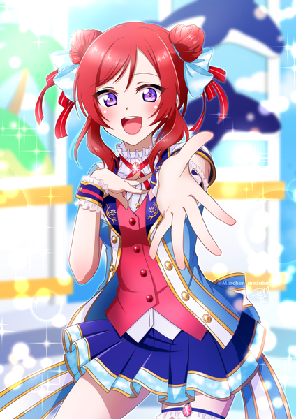 Anime picture 1500x2121 with love live! school idol project sunrise (studio) love live! nishikino maki ric. (marchen mozuku) single tall image looking at viewer blush short hair open mouth smile standing purple eyes signed red hair :d pleated skirt blurry teeth