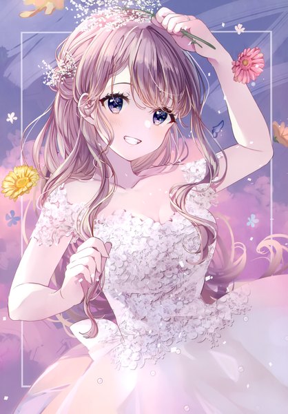 Anime picture 2097x3011 with original puracotte single long hair tall image looking at viewer blush fringe highres smile hair between eyes brown hair purple eyes holding signed cleavage arm up hair flower scan off shoulder