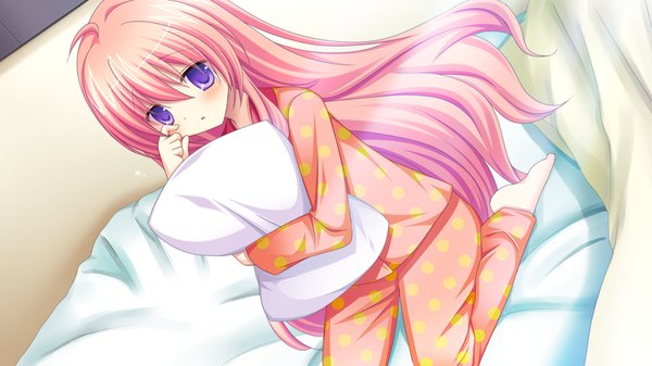 Anime picture 1280x720 with kessen! long hair blush wide image purple eyes pink hair game cg loli hug girl pillow pajamas