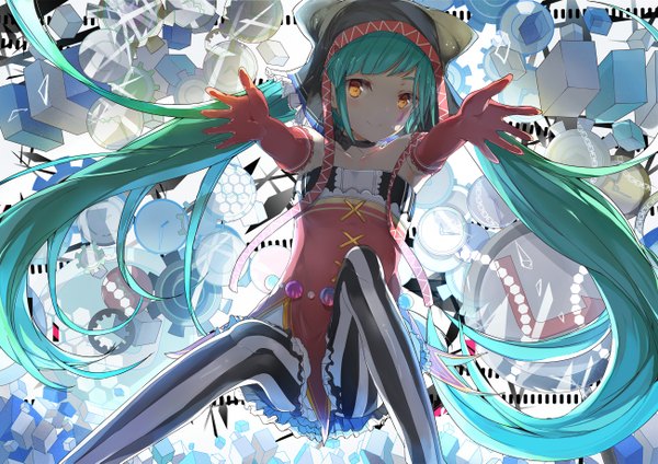Anime picture 1300x919 with project diva f vocaloid cat food (vocaloid) hatsune miku mitu yang single long hair looking at viewer blush fringe smile twintails animal ears payot bent knee (knees) arm up cat ears aqua hair orange eyes sleeveless