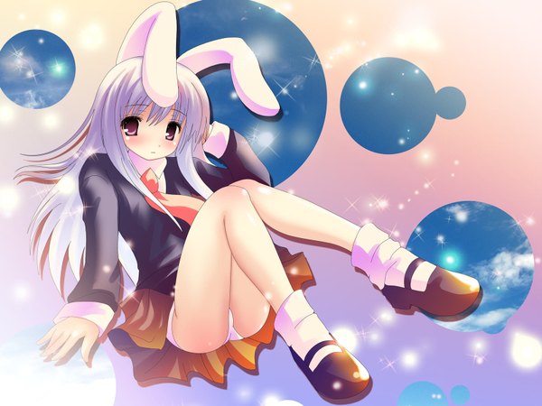 Anime picture 1600x1200 with touhou reisen udongein inaba long hair looking at viewer blush light erotic long sleeves bare legs bunny ears bunny girl pantyshot sitting girl miniskirt shirt necktie blazer