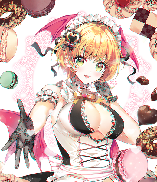 Anime picture 750x867 with idolmaster idolmaster cinderella girls miyamoto frederica chii (nyaong9) single tall image looking at viewer blush fringe short hair breasts open mouth light erotic blonde hair smile large breasts standing green eyes signed upper body