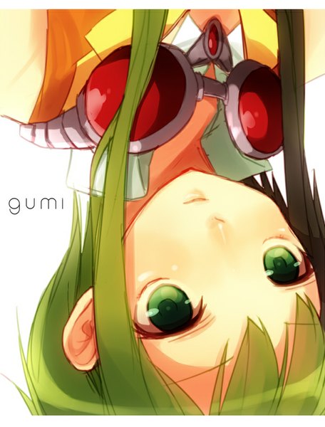 Anime picture 609x800 with vocaloid gumi etsuo single long hair tall image blush short hair simple background white background green eyes green hair character names upside down asymmetrical hair goggles around neck girl goggles