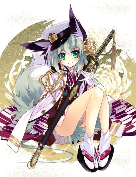 Anime picture 617x800 with original shirokitsune single tall image looking at viewer blush fringe short hair light erotic simple background hair between eyes white background sitting holding green eyes animal ears payot full body bent knee (knees) ass