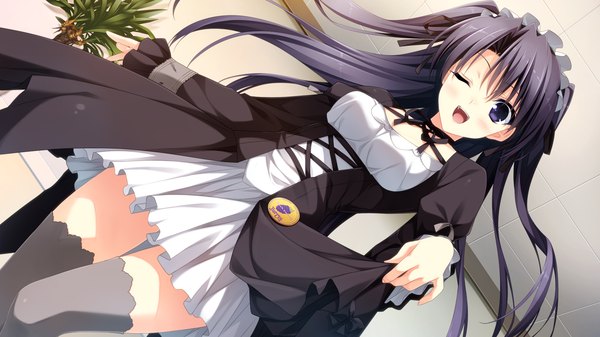 Anime picture 1920x1080 with berry's morikubo yuna suzuhira hiro long hair blush highres open mouth black hair wide image purple eyes game cg one eye closed wink two side up girl thighhighs dress black thighhighs headdress maid headdress