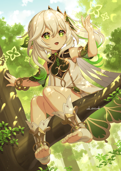 Anime picture 636x900 with genshin impact nahida (genshin impact) ar (rikuesuto) single long hair tall image fringe open mouth hair between eyes sitting green eyes signed looking away full body outdoors white hair :d multicolored hair arm up arm support